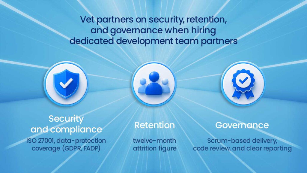 Vet partners on security, retention, and governance when hiring dedicated development team partners